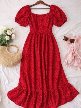 SHEIN Red Puff Sleeve Floral Maxi Dress